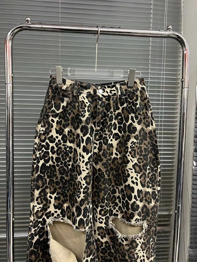 TWOTWINSTYLE Leopard Ripped Wide Leg Jeans For Women High Waist Patchwork Button Loose Fashion Denim Pant Female Clothing New