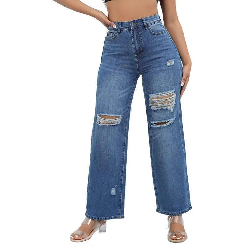 Women'S Ripped Boyfriend Jeans Draping Straight Leg Jeans Korea Ladies Stretch Hole Denim Trousers Button Pocket High Waist Pant