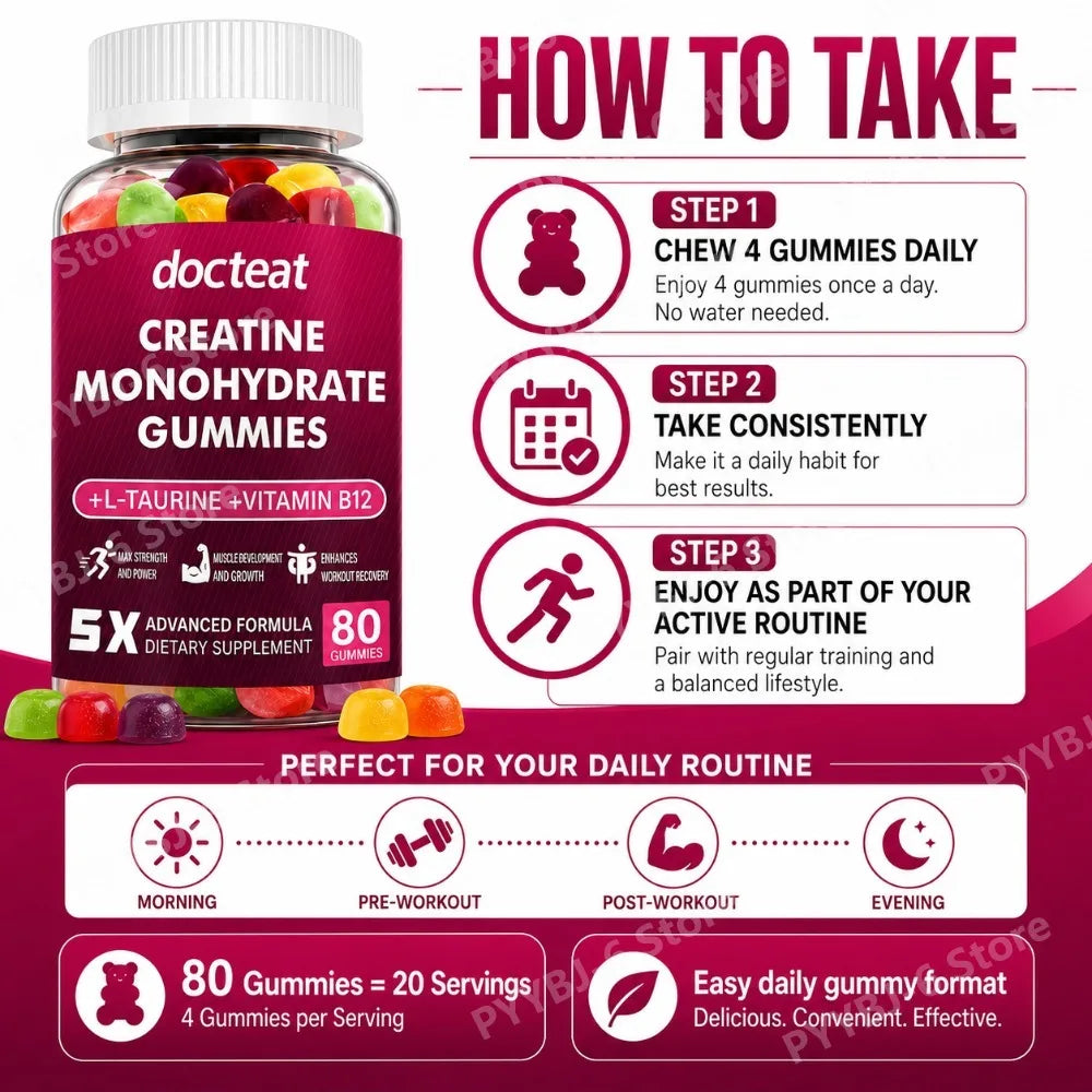 Creatine Monohydrate Gummies 80 Count with Taurine Vitamin B12 Chewable Sports Nutrition Supplement for Muscle & Energy Support