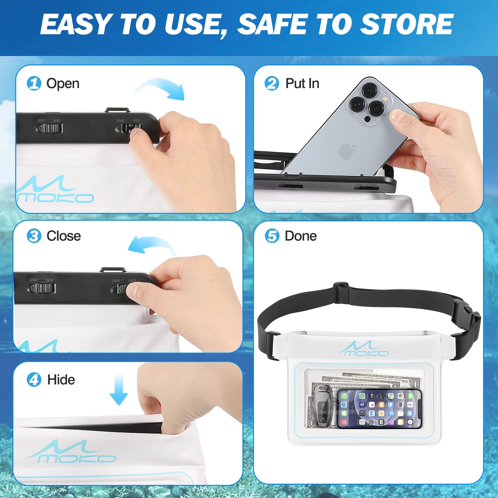 MoKo Waterproof Phone Pouch Fanny Pack Floating Dry Bag Swimming Waist Bag Underwater Ski Drift Diving for iPhone 13/13 Pro Max