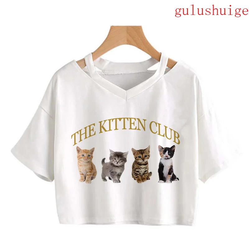 Y2k Crop Top Funny Cute Cat T Shirt Women Shirt Cropped Harajuku Graphic Ulzzang T-shirt 90s Tshirt Top Tee Female Gothic