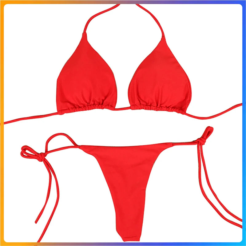 Sexy Women Bikini Lingerie Set Side Tie Swimsuit T--back Low Rise Thong Bandage Style Brazilian Swimwear Soft Solid Underwear