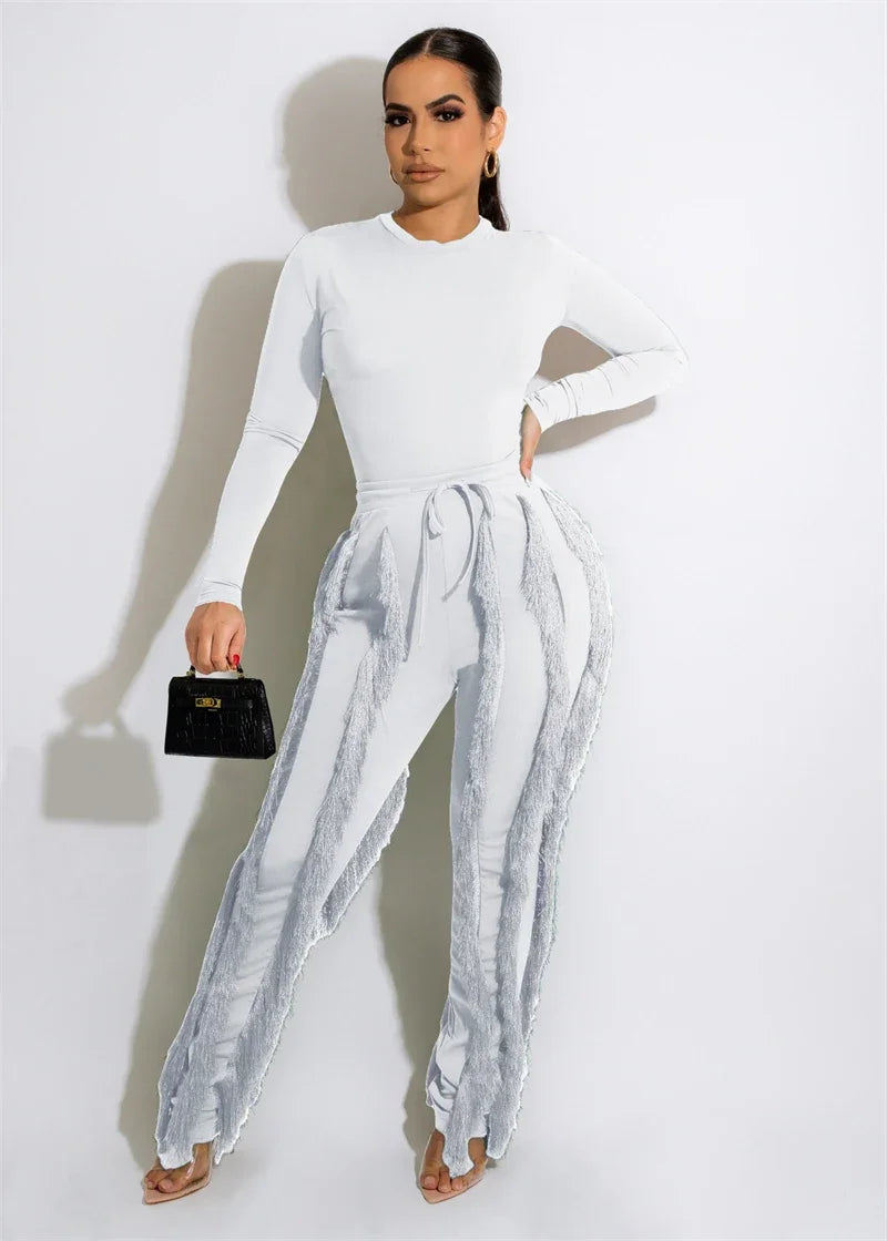 Elegant 2 Piece Sets Women Outfit 2025 Fall Winter Long Sleeve Bodysuit Top and Tassel Pants Matching Sets Ensembles Pantalons