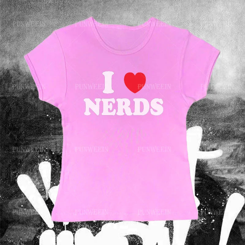 y2k Girls Summer vintage Crop Tops Harajuku Punk I love Nerds Graphics Women T Shirt Short Sleeve Streetwear Sexy Slim Baby tees