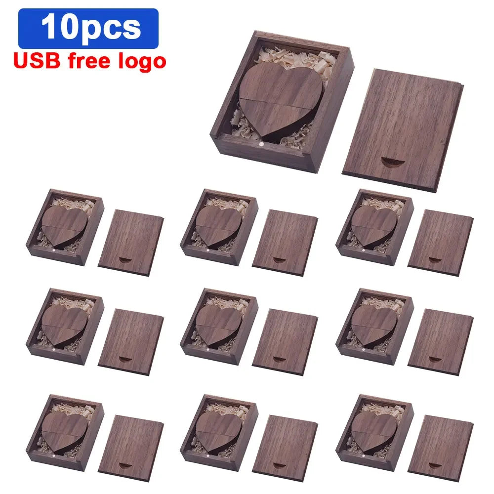 10pcs/lot Free Logo maple Wooden Heart USB + BOX USB Flash Drive Pendrive 64GB 32GB 16GB 8GB U Disk Photography Wedding Gifts