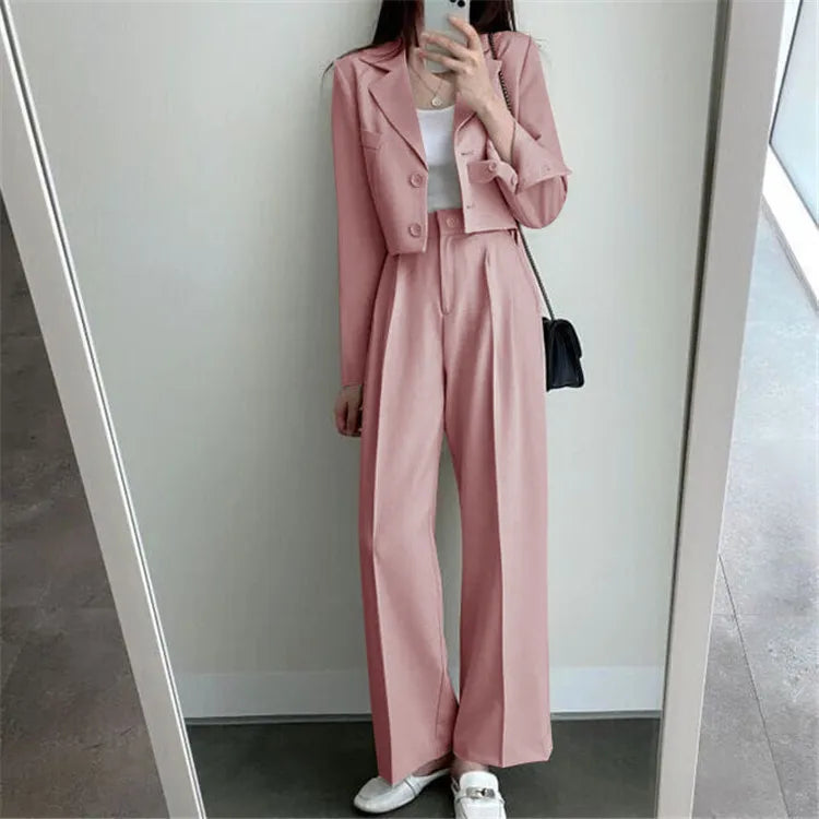 Suit Coat 2 Piece Set Women Blazer Jacket Straight Pants Ensemble Single Breasted Turn Down Collar Trousers Office Lady Outfits