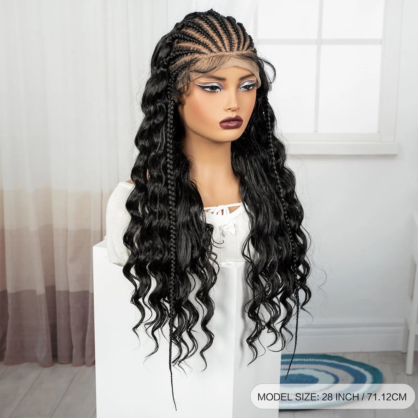 28inch 13x6 Transparent Lace Front Natural Deep Wave Hair Wigs with Cornrow Braids Synthetic Curly Brazilian Hair Wig for Women