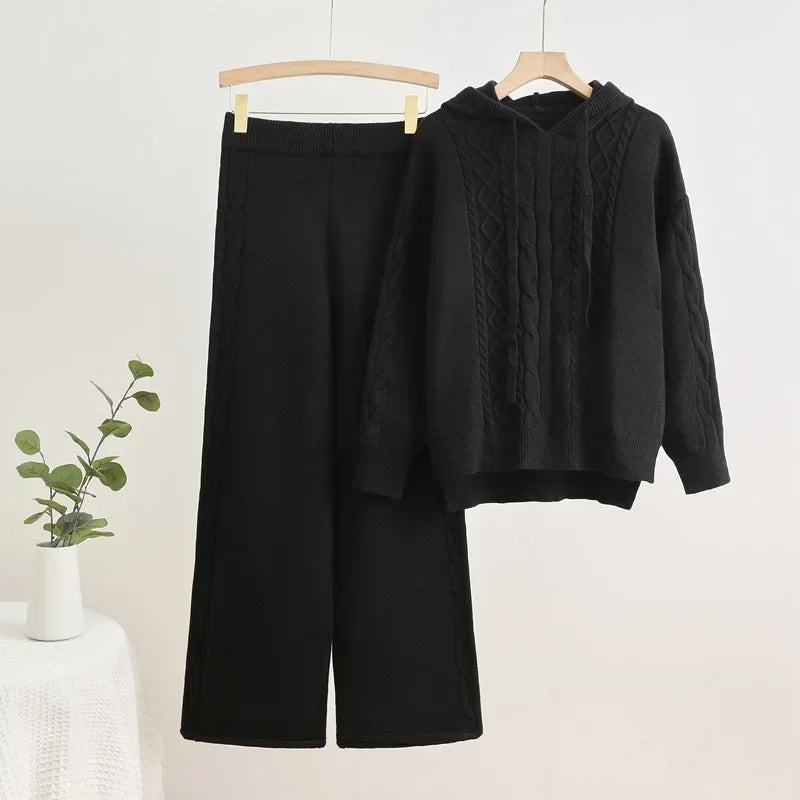 High Waist Sweatpants Outfit New Fall Winter Knitted 2 Piece Sets Women Casual Hooded Knitwears Sweater Pullover Tops Conjuntos