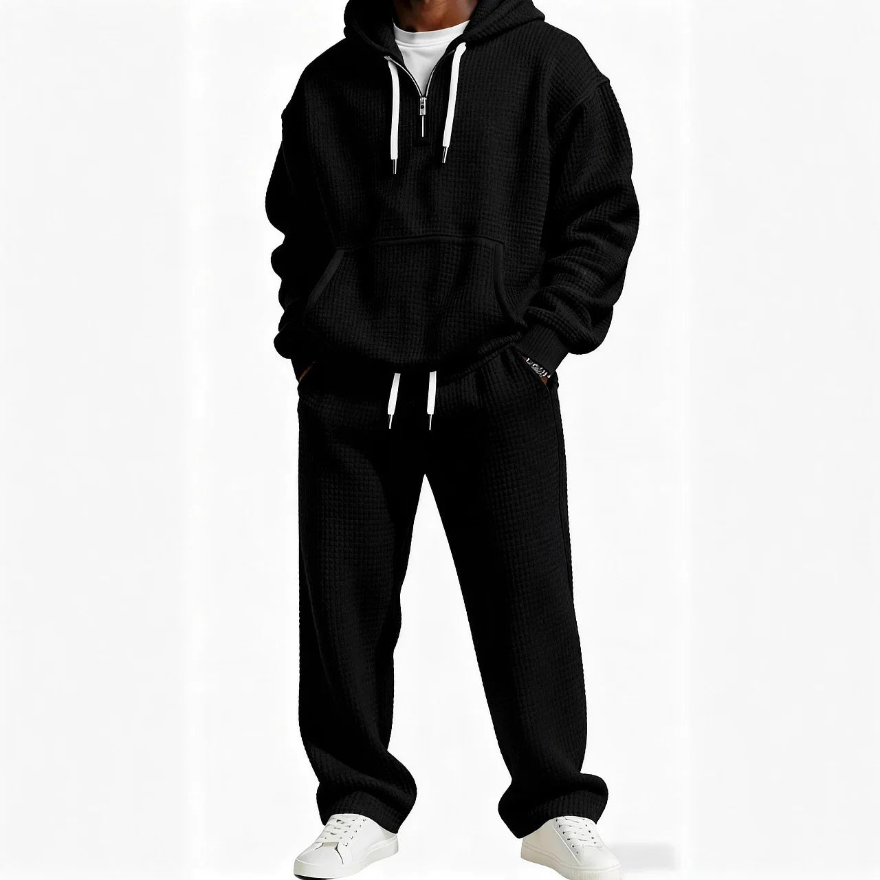 Autumn and Winter Waffle Hooded Sweatshirt Sweatpants Set 3D Printed Casual Sports Suit Men