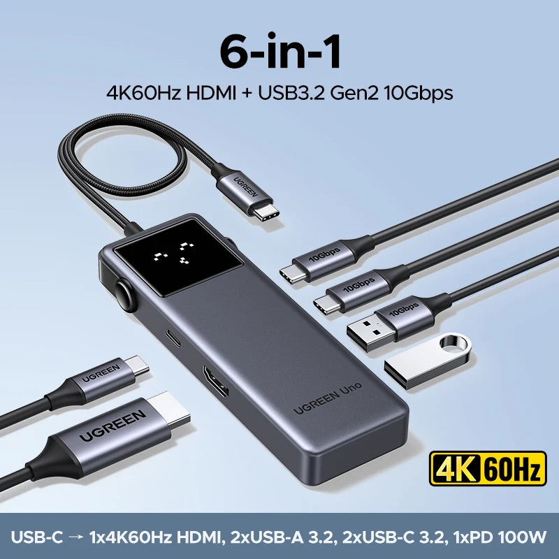 UGREEN USB-C HUB 6-in-1 HDMI 4K60Hz PD100W 10Gbps USB3.2 Gen2 USB-C Splitter for Laptop Macbook Pro Air Expander Docking Station