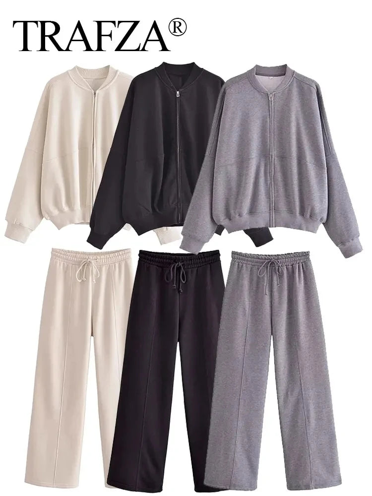 HH Bomber Jacket Pant Set For Women Casual Long Sleeve Zipper Coat Vintage Solid Sweatshirt Suit Autumn Woman Streetwear
