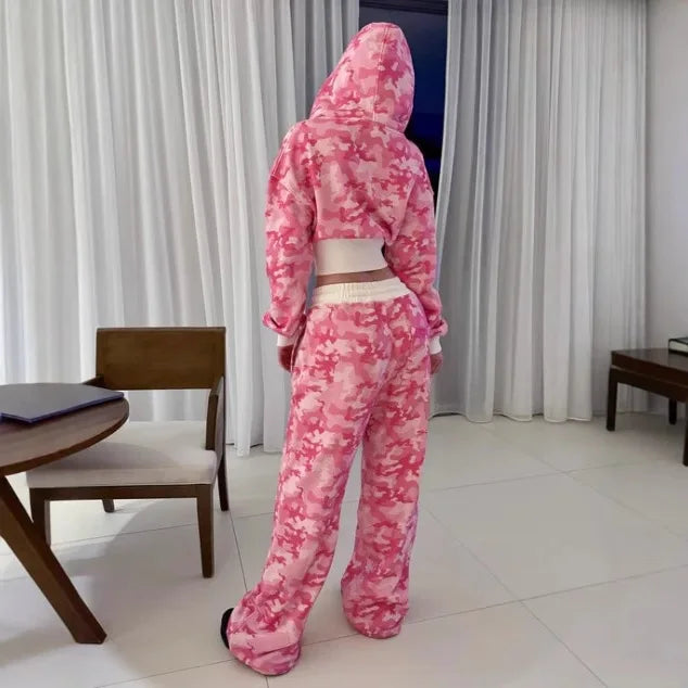 Women 2 Piece Sets Hooded Coat Straight Pants Camouflage Outfits Drawstring Zipper Jacket Tracksuit 2025 Streetwear Ensemble