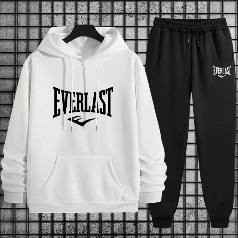 New Everlast Men's Sportswear Hooded Sweatshirt and Black Sweatpants Autumn/Winter Urban Leisure Fashion Warm Sports Set