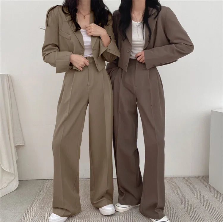 Suit Coat 2 Piece Set Women Blazer Jacket Straight Pants Ensemble Single Breasted Turn Down Collar Trousers Office Lady Outfits