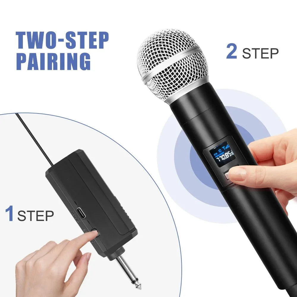 Wireless Microphone 2 Channels UHF Dual Handheld Dynamic Microphone with Rechargeable battery For Karaoke Party Home Meeting