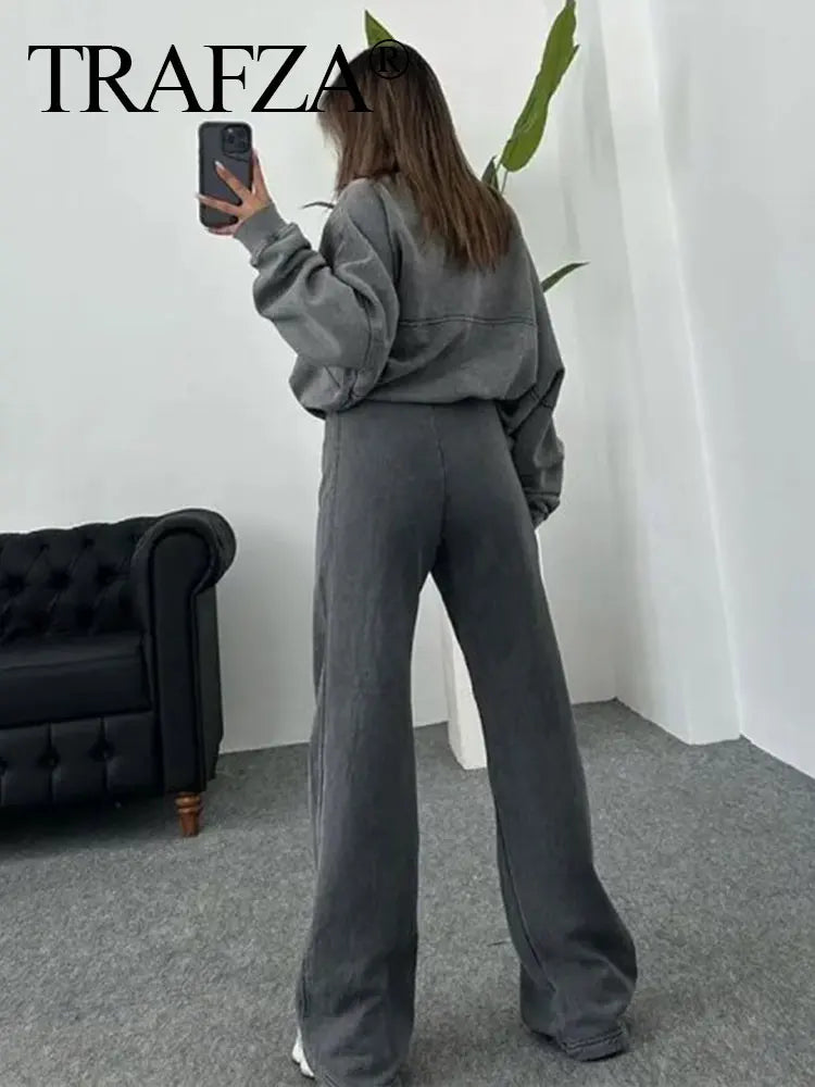 HH Bomber Jacket Pant Set For Women Casual Long Sleeve Zipper Coat Vintage Solid Sweatshirt Suit Autumn Woman Streetwear