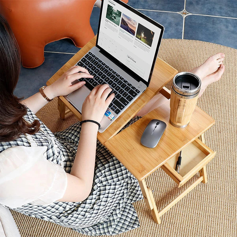 Laptop table, bamboo adjustable foldable laptop stand notebook table bedside folding table with drawer slots breakfast tray