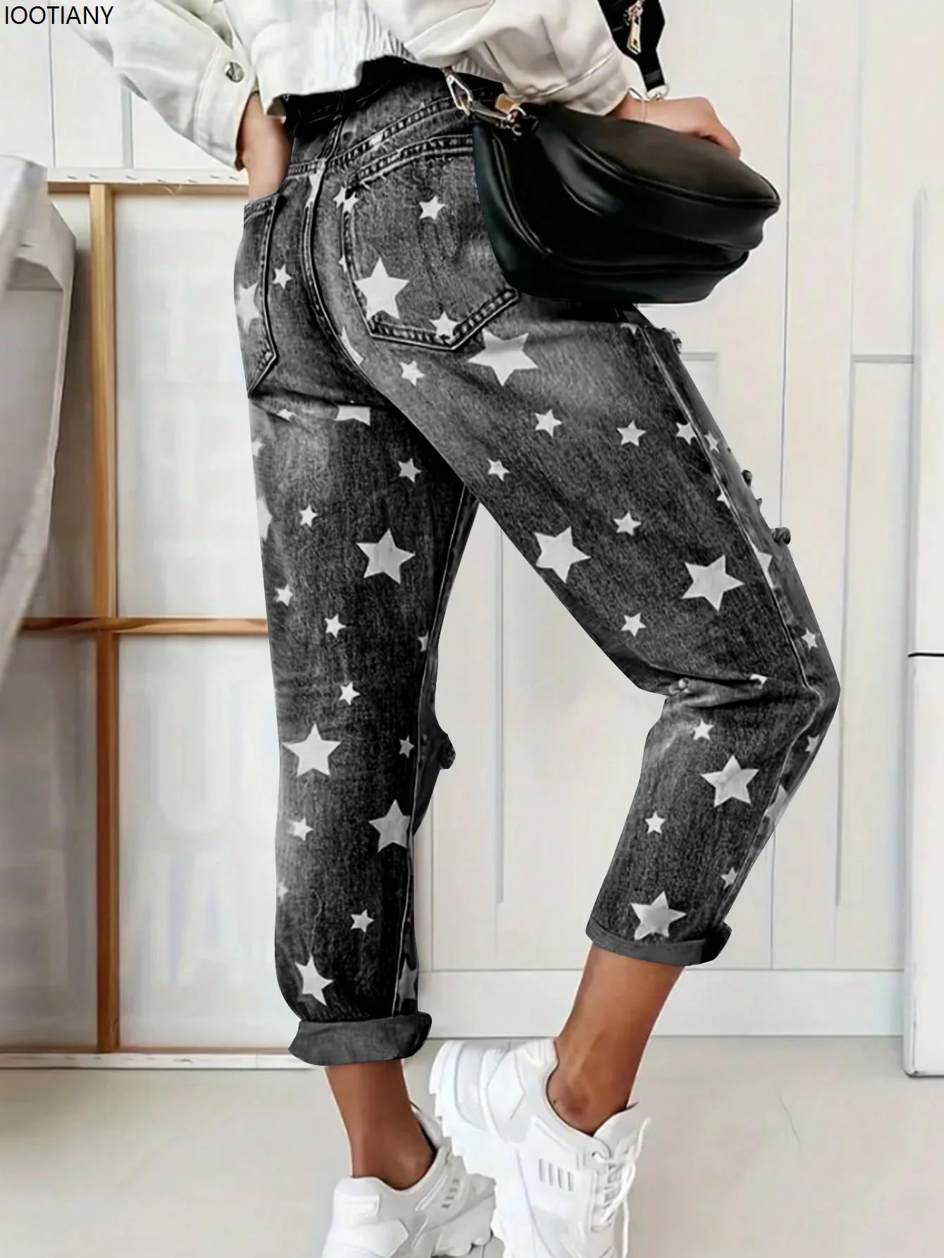 New Boyfriend Jeans Women's Slim Fit Ripped Jeans Fashion Women's Five-pointed Star Ripped Jeans Street Casual Blue Jeans 2025