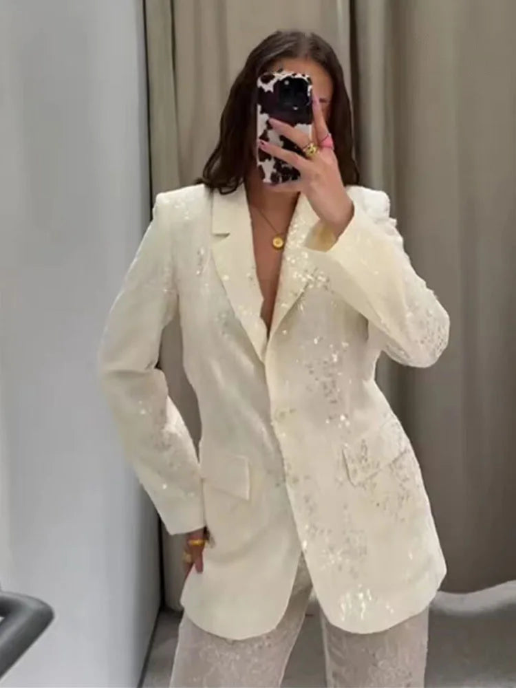 HH Female Sequins Sets Turn-Down Collar Pockets Single-Breasted Blazers+High Waist Zipper Trousers Women's Autumn Pant Set