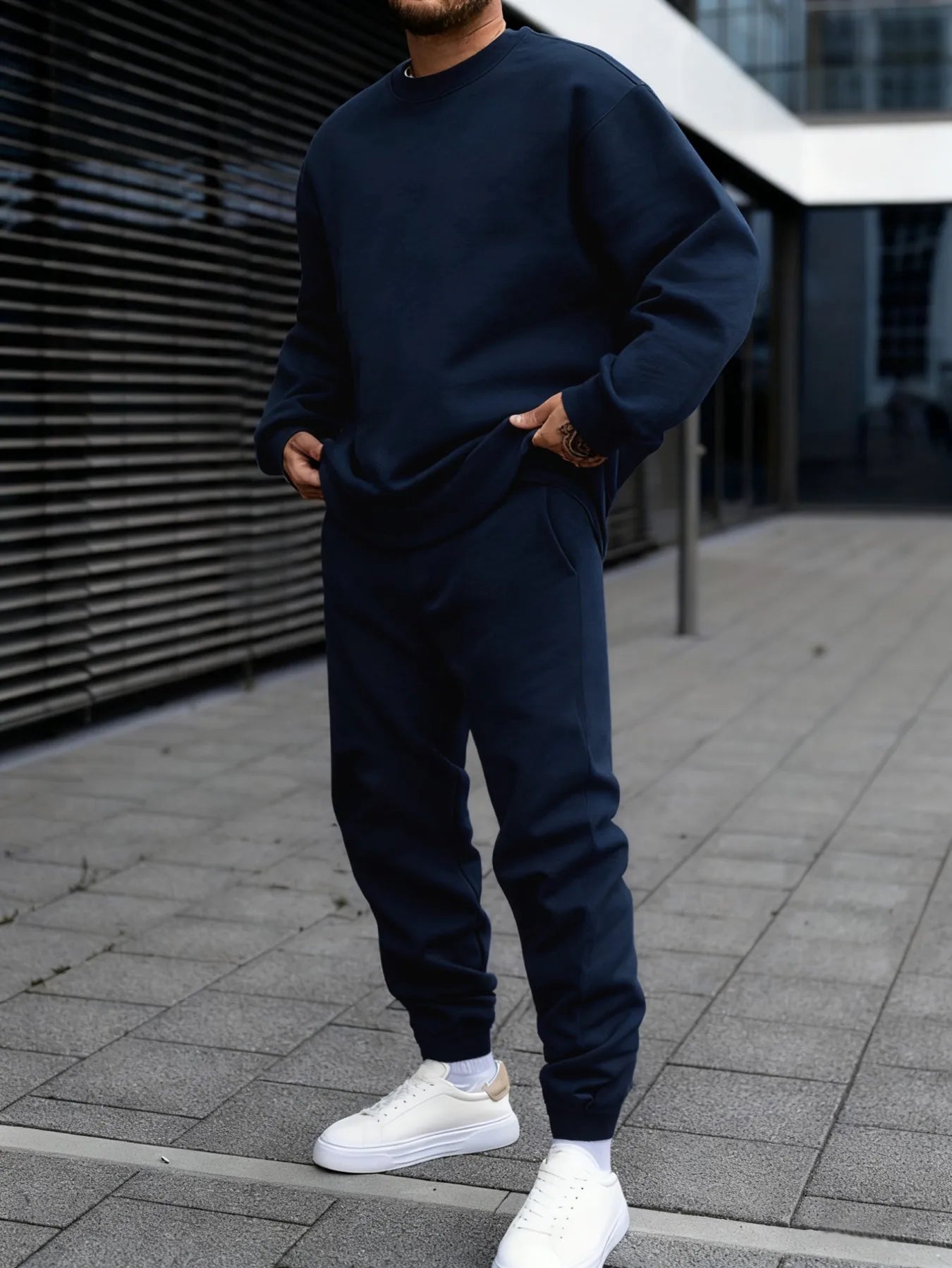 Autumn Man Sweatshirt Set Fleece Casual Solid Color Two-piece set Fashion Crewneck Sweatshirts Street Soft Sweatpants