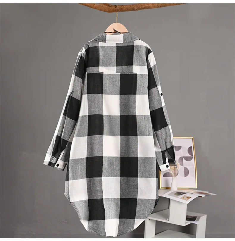 Women's Plaid Shirt Casual Blouses Woman Tops for Women Long Sleeve Long Sleeve Shirts Chic Blouse Check Linen Cotton Clothing
