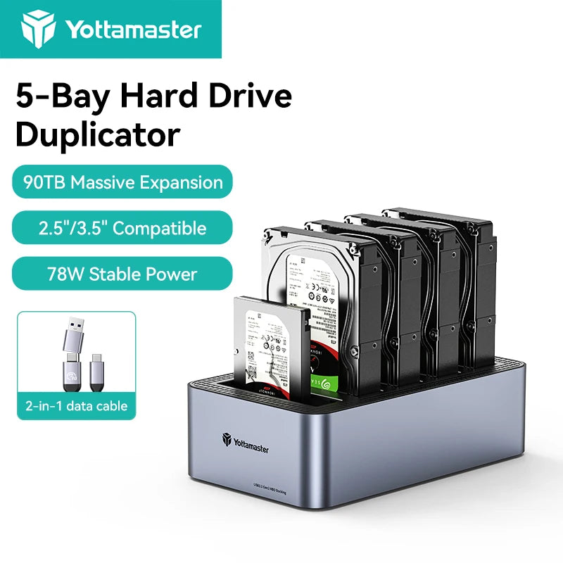 Yottamaster Aluminum 4/5 Bay SATA Hard Drive Docking Station Type-C 78W with Offline Clone for 2.5/3.5 inch SSD HDD Enclosure