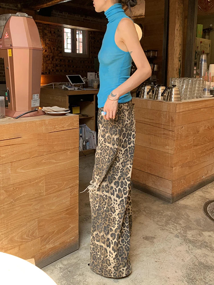 TWOTWINSTYLE Leopard Ripped Wide Leg Jeans For Women High Waist Patchwork Button Loose Fashion Denim Pant Female Clothing New