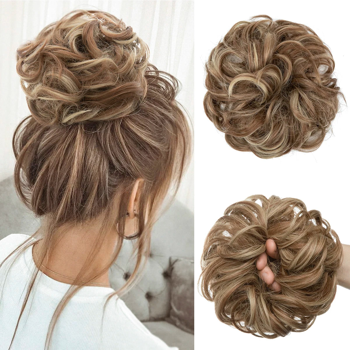 Synthetic Messy Updo Chignon Premium Big Curly Elastic Hair Scrunchies Hairpieces Donut Updo Blonde Brown Hair Pieces For Women