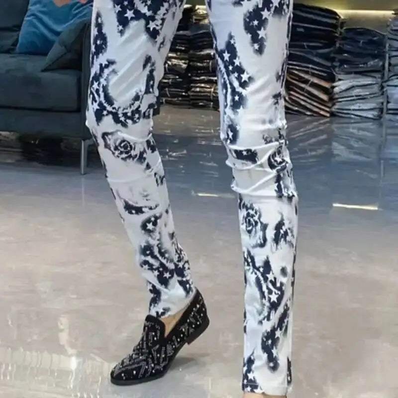 Trendy Men's Slim Fit Jeans Personalized Print Street Elastic Men's Pant Pantalon Homme Punk Denim Long Pants Hip Hop Jeans