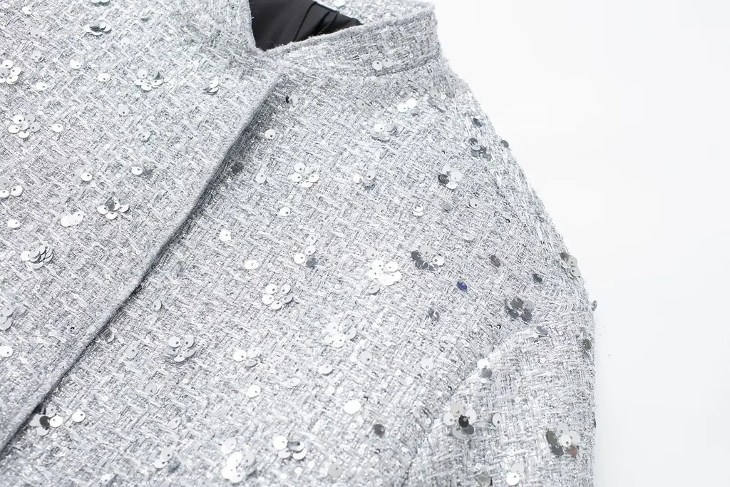 Women's Sequined Bomber Jacket Fall New Round Neck Long Sleeve Pocket Stretch Hem Sequins Jacket Coat Female Chic Outerwear