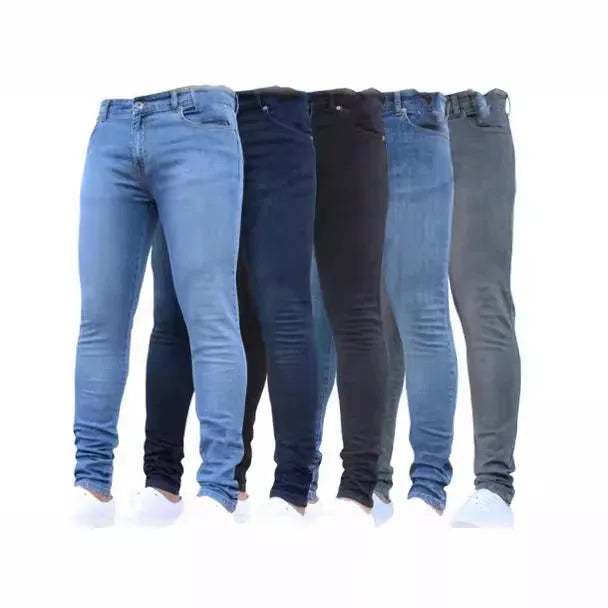 European and American New Style Tight and Personalized Popular Jeans 2024 Fashion Men's Elastic Solid Color Slim-fit Pants