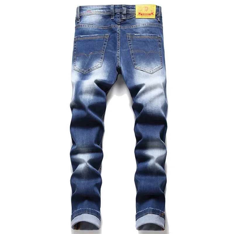 Men Ripped Skinny Denim Jeans Blue Holes Jeans Italian Style Stretch Denim Pants High Quality Male Slim Fit Denim Trousers  38