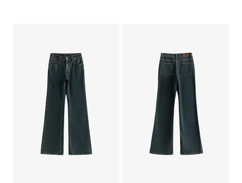 TOYOUTH Women Stretch Jeans 2025 Winter New Slightly Flared Mid-low Waist Slim Fitting Slimming Warm Fleece-lined Long Pants