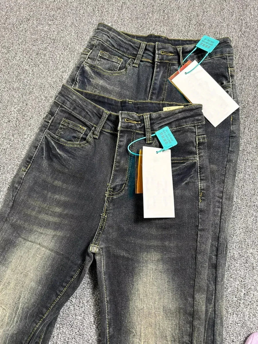 Summer High Waist Slim Black Grey Jeans American Style Vintage Long Pants Oversized Washed Denim Flare Pants Women Spring