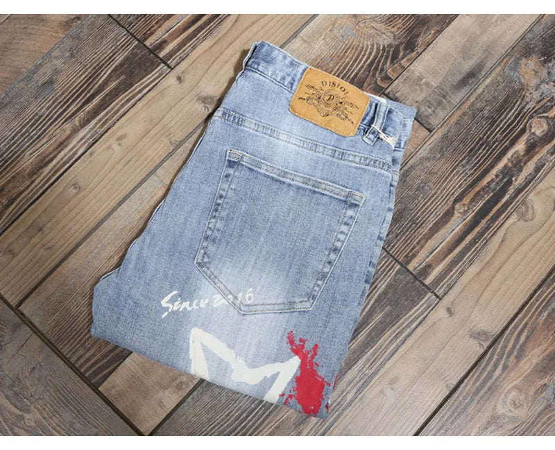 Designer Fashion New Men's Jeans Letter Printed Washed Nostalgic Stretch Slim Fit Retro Light Blue Jeans Hip Hop Brand High Qual