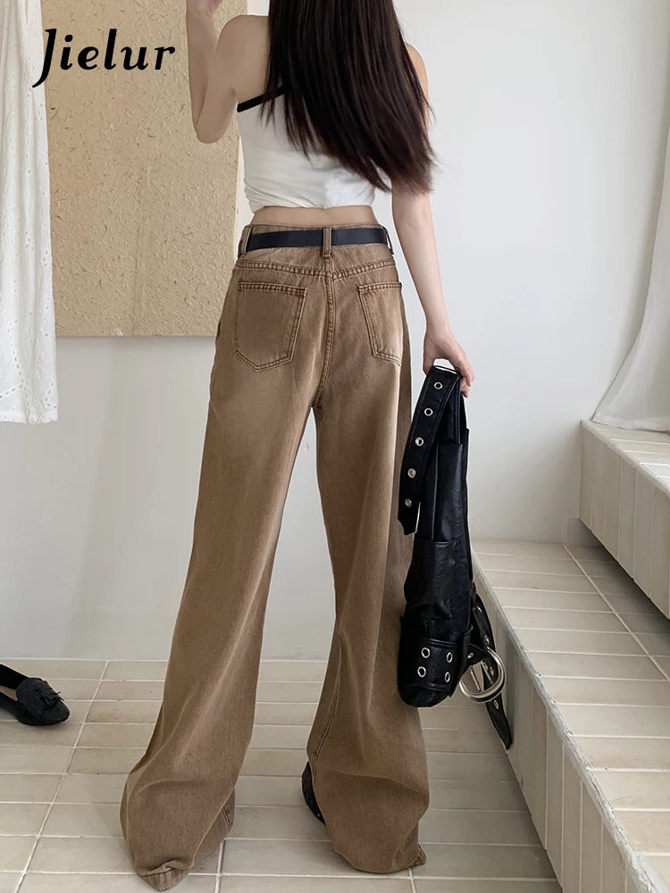 New Solid Color Slim Belt Women Jeans Simple Basic Dark Brown Straight Pants Chicly Fashion Street Casual Loose Woman Jeans