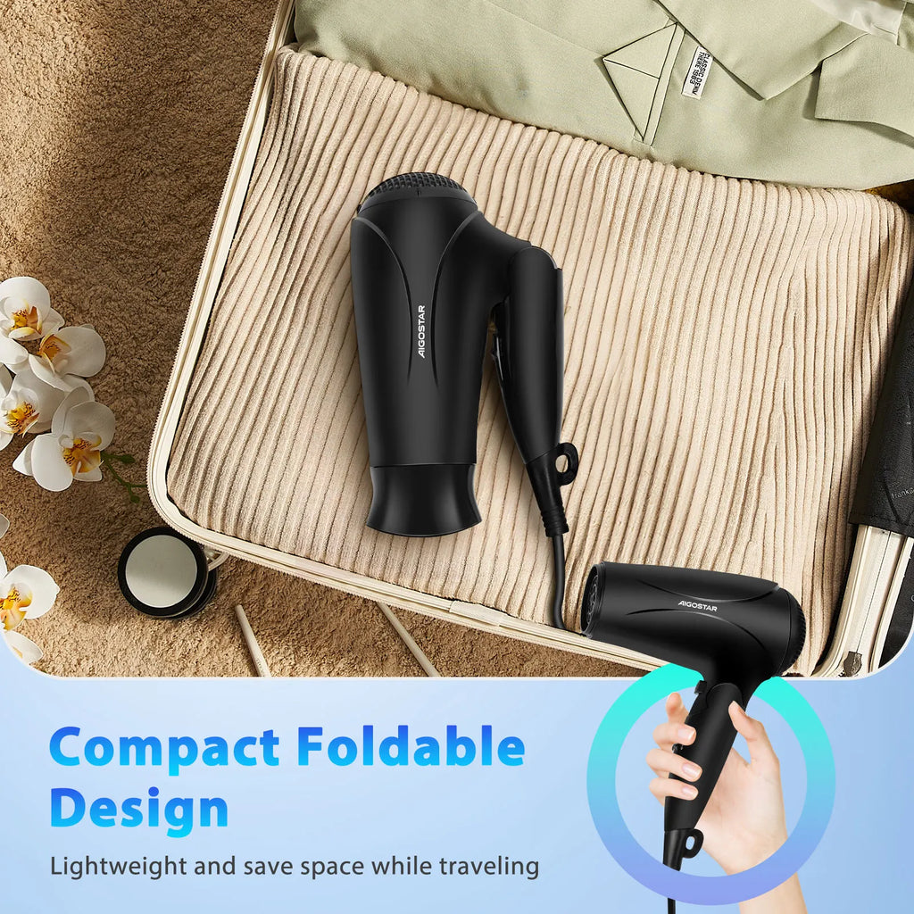 Small Compact Ionic Hair Dryer Travel Dryer Foldable 2 Speed 3 Temperature Adjustments Safety Protection Hanging Hook 2400W