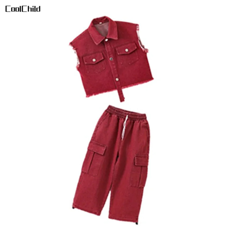 Hip Hop Girls Cool Denim Vest Burr Edge Cargo Jeans Clothes Sets Boys Jazz Street Dance T-shirt Child Kids Streetwear Costumes