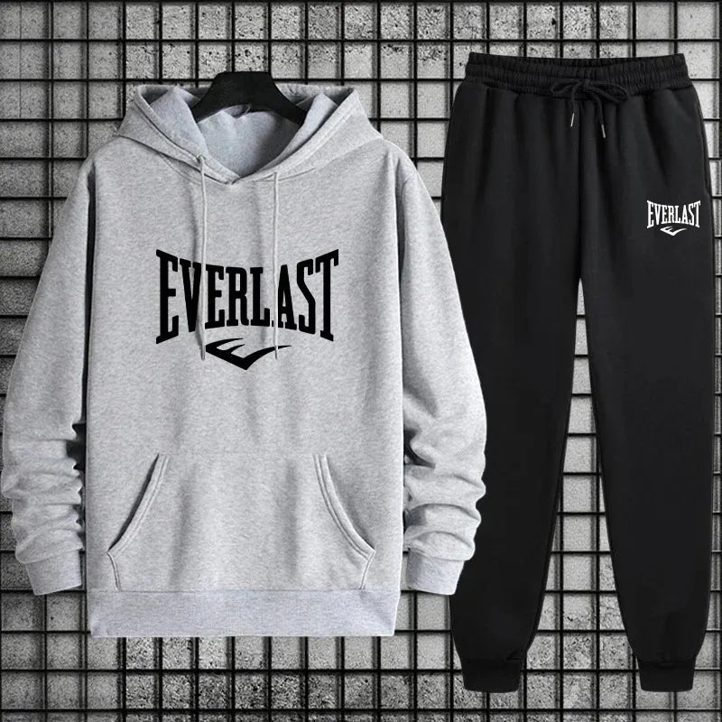 New Everlast Men's Sportswear Hooded Sweatshirt and Black Sweatpants Autumn/Winter Urban Leisure Fashion Warm Sports Set