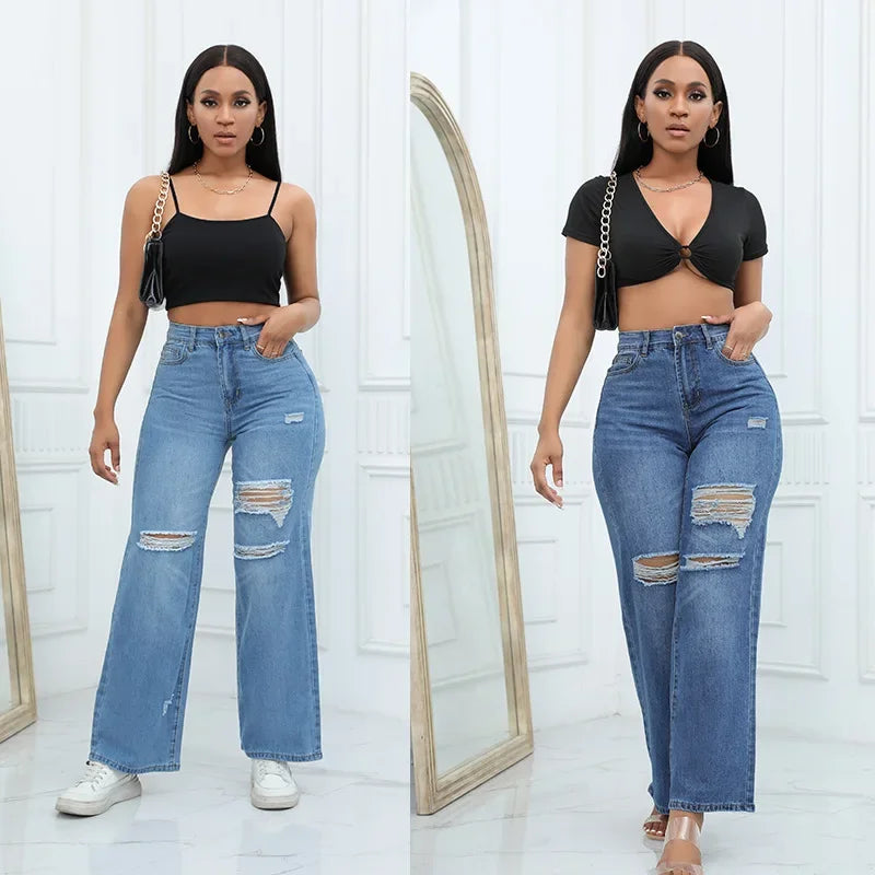 Women'S Ripped Boyfriend Jeans Draping Straight Leg Jeans Korea Ladies Stretch Hole Denim Trousers Button Pocket High Waist Pant