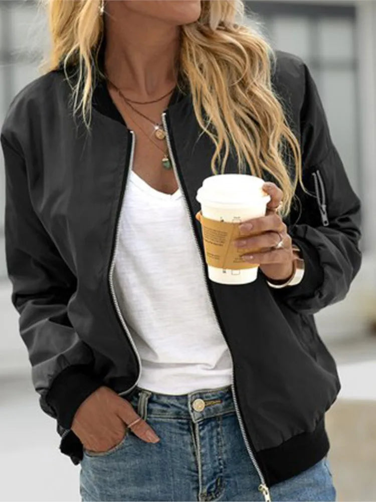 Women Bomber Casual Jacket 2025 Spring Autumn Solid Color Spring Coat Long Sleeve Stand Collar Zipper Basic Motorcycle Jackets