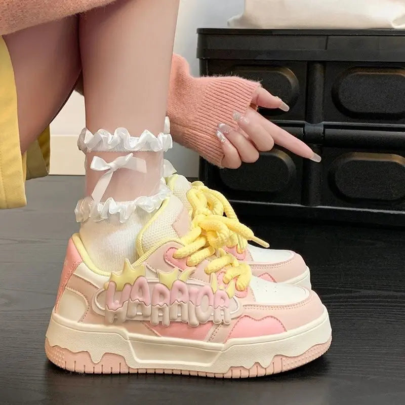 2025 Sweet Platform Shoes Chunky Sneakers for Women Faux Leather Aesthetic Shoes Alphabet Elements Thick Trainers Blue Sneakers