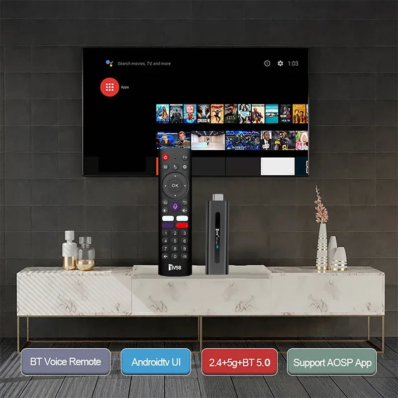 TV98 ATV Stick Smart Android 14 Quad Core Allwinner H313 Dual WiFi 5G 4G HD 8K 4K Media Player BT5.0 Voice remote streaming iptv