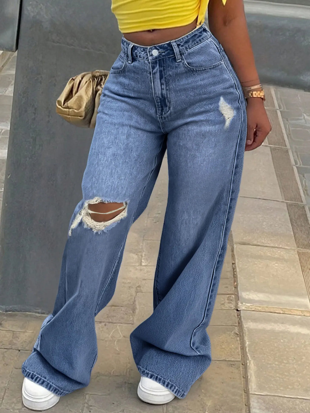 2025 New Washed Ripped Wide-leg Jeans, Fashionable and Casual High-waisted Floor-length Jeans for Women in Spring and Summer