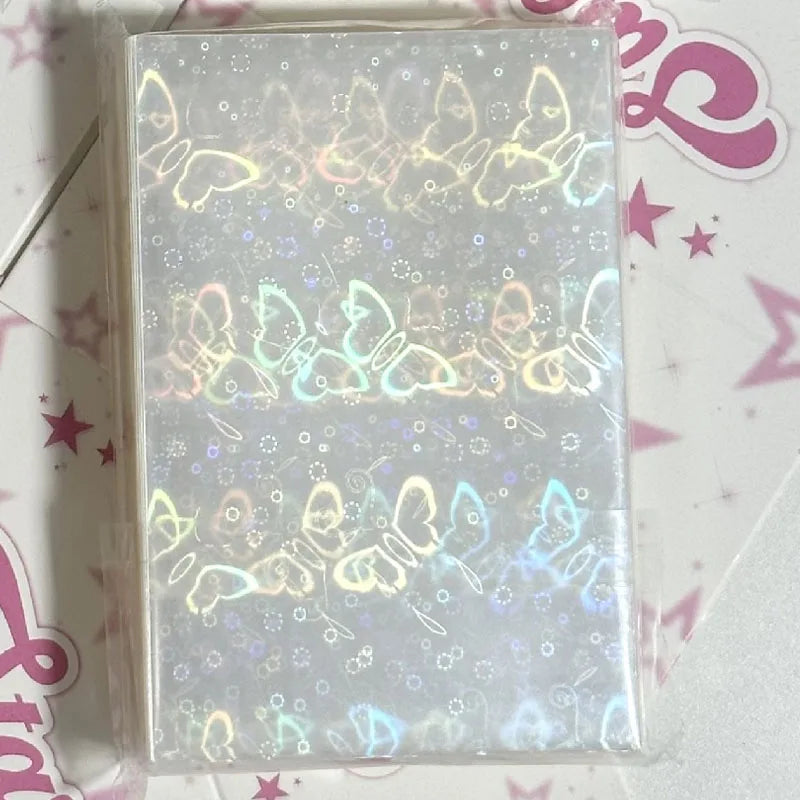 50PCS Laser Heart fireworks butterfly Flashing Holographic Transparent Clear Card Film Sleeves Super Idol Photo Protector Cover