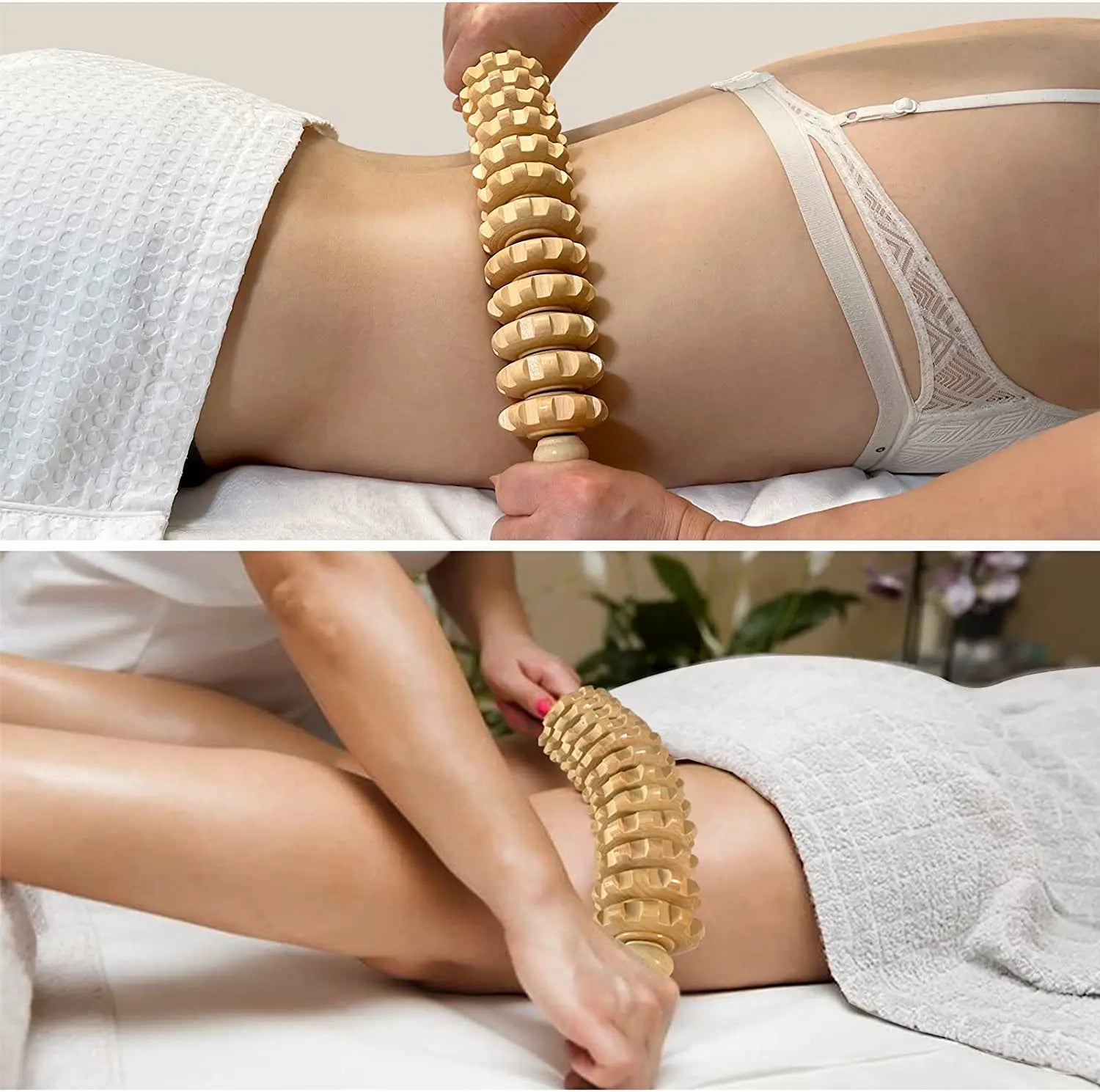 Body Fascia Massager Anti-slip Handle Wood Grooved Gear Arms Legs Thighs Buttocks Smooth Roller Massager for Back Relaxation