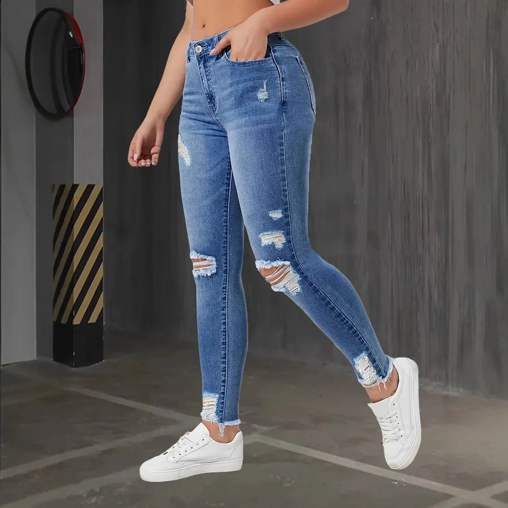 Fashion Skinny Hole Jeans Women 2025 Autumn Stretchy High Waisted Ripped Slim Retro Solid Color Denim Trousers Pants