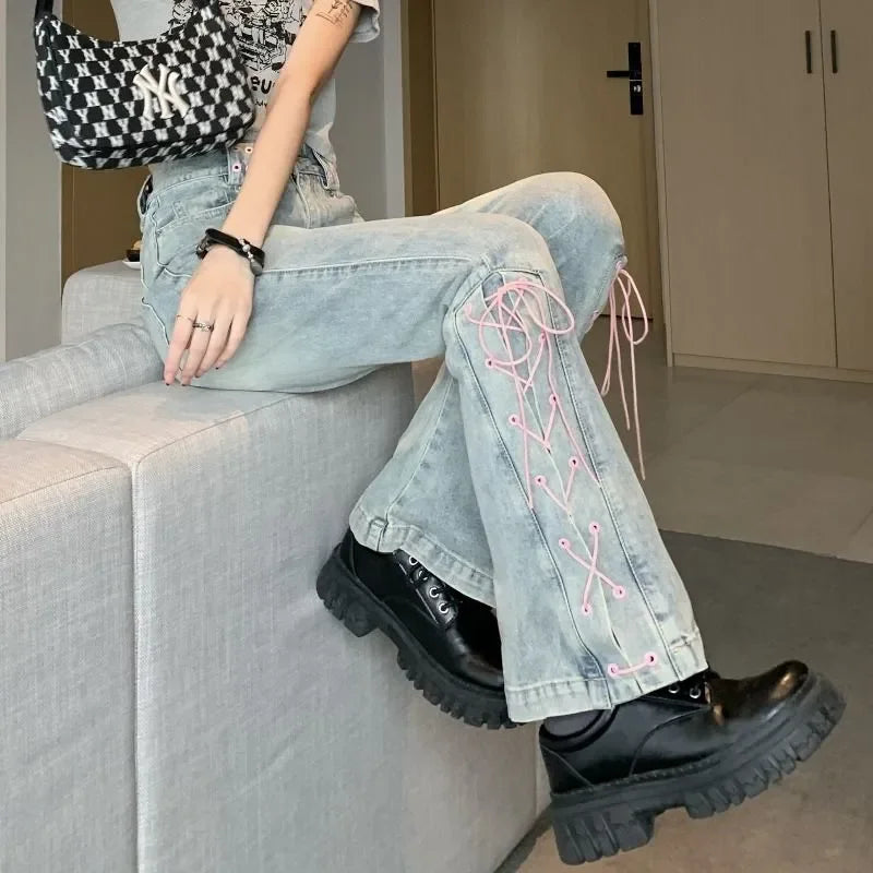 Y2k Pink Fashionable Lace-up Flared Jeans Autumn New High Waist Bootcut Denim Pants Female Clothing Korean Slim Vintage Trousers