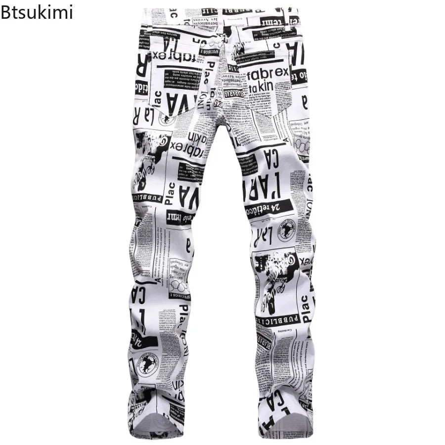 2026 Street Style Men’s Slim Stretch Jeans Trend Newspaper Full Print Personalized Stylish Sexy Denim Pants Men Casual Trousers