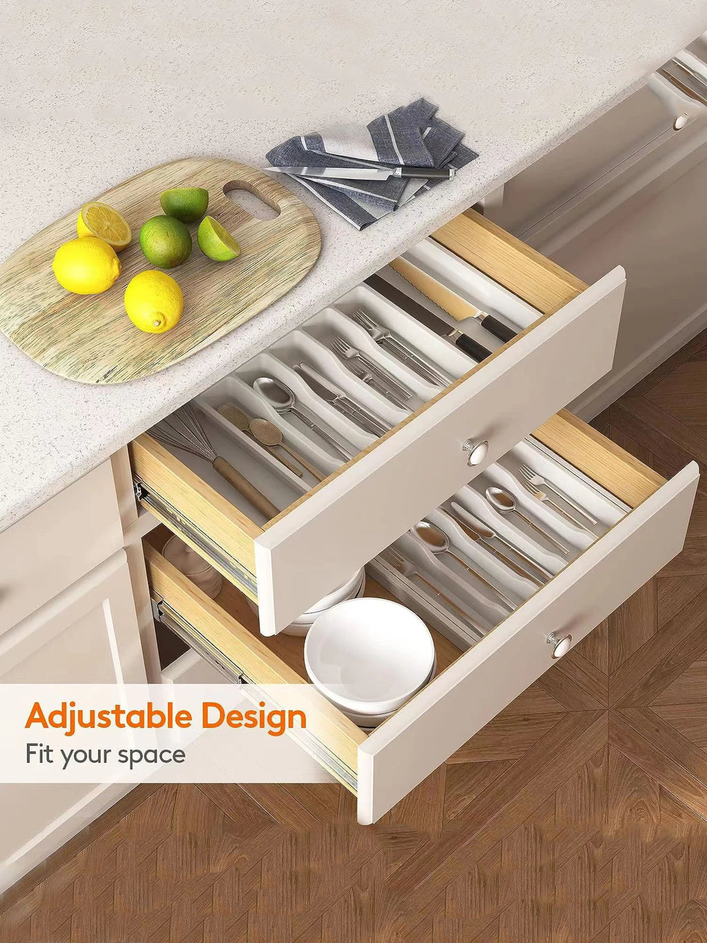 Expandable Kitchen Drawer Organizer - Adjustable Retractable Cutlery Storage Box with Dividers for Utensils, Home Organization